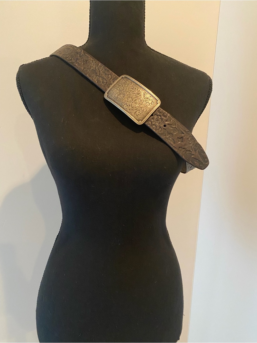 Fossil Black Tooled Leather Belt with Ornate Metal Buckle